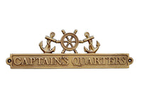 Antique Brass Captains Quarters Sign with Ship Wheel and Anchors 12"