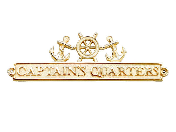 Brass Captains Quarters Sign with Ship Wheel and Anchors 12"
