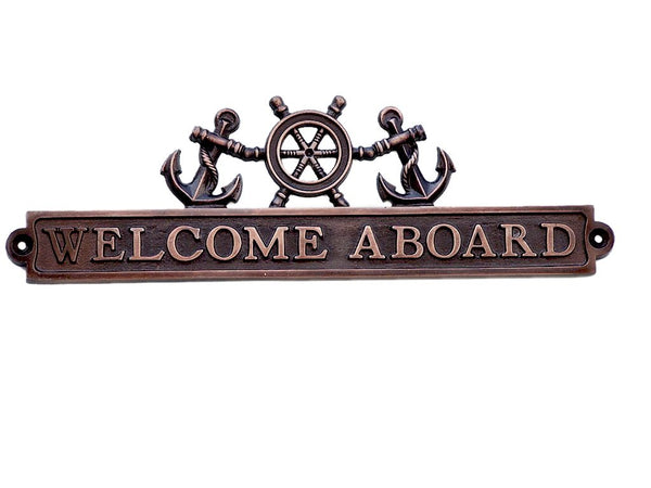 Antique Copper Welcome Aboard Sign with Ship Wheel and Anchors 12"