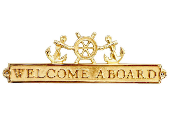 Brass Welcome Aboard Sign with Ship Wheel and Anchors 12"