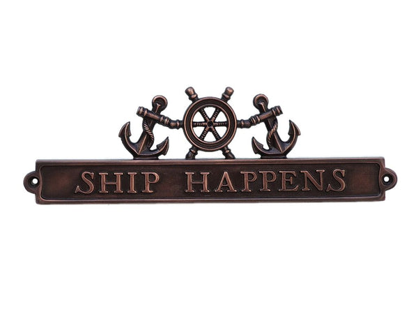 Antique Copper Ship Happens Sign with Ship Wheel and Anchors 12"