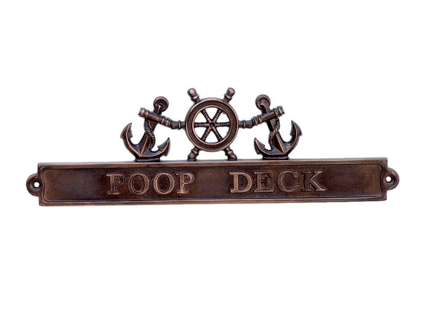 Antique Copper Poop Deck Sign with Ship Wheel and Anchors 12"