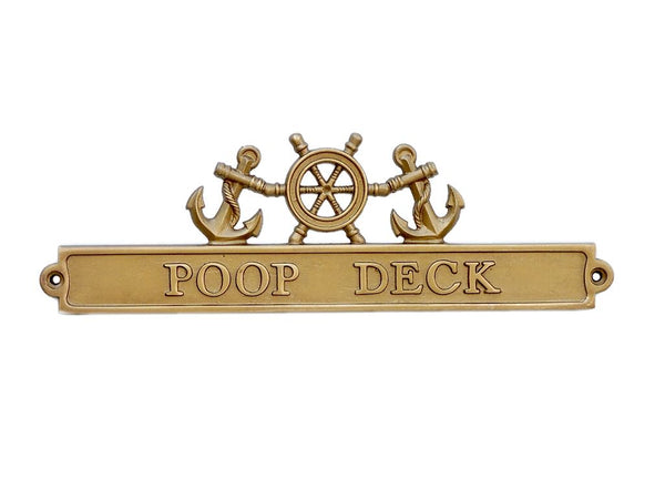 Antique Brass Poop Deck Sign with Ship Wheel and Anchors 12"