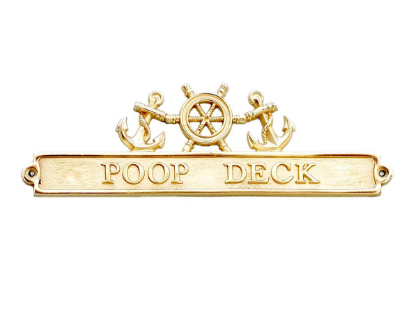 Brass Poop Deck Sign with Ship Wheel and Anchors 12"