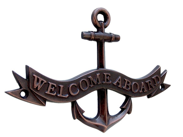 Antique Copper Welcome Aboard Anchor With Ribbon Sign 8"