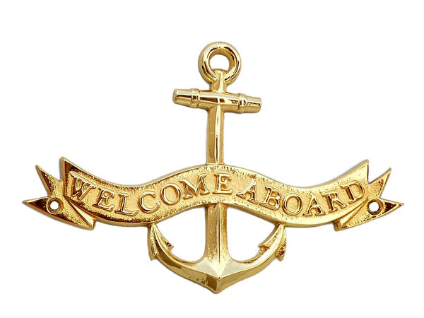 Brass Welcome Aboard Anchor With Ribbon Sign 8"