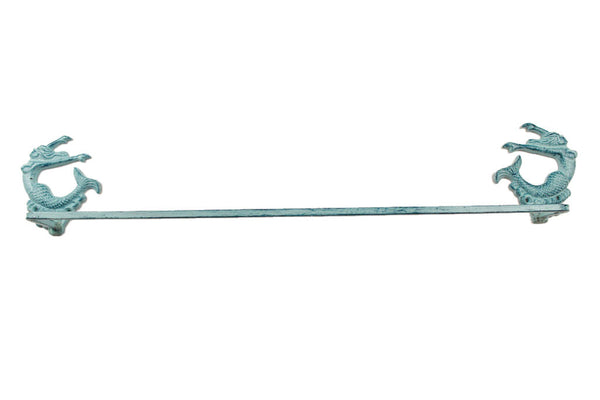 Rustic Dark Blue Whitewashed Cast Iron Decorative Arching Mermaid Bath Towel Holder 28"