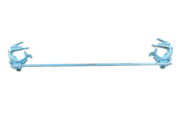 Rustic Light Blue Cast Iron Decorative Arching Mermaid Bath Towel Holder 28"