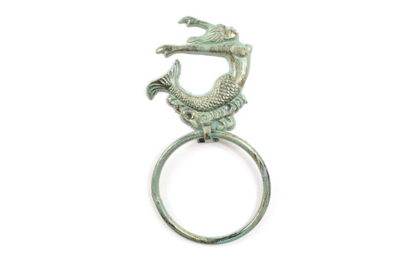 Antique Seaworn Bronze Cast Iron Arching Mermaid Towel Holder 9"