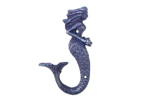 Rustic Dark Blue Cast Iron Decorative Mermaid Hook 6"