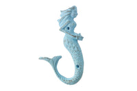 Rustic Light Blue Cast Iron Decorative Mermaid Hook 6"