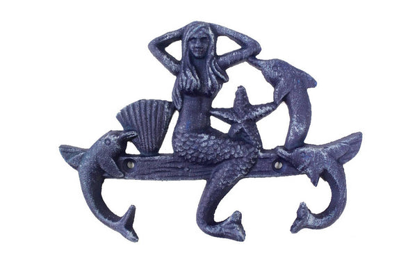 Rustic Dark Blue Cast Iron Wall Mounted Mermaid with Dolphin Hooks 9"