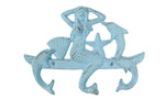 Rustic Light Blue Cast Iron Wall Mounted Mermaid with Dolphin Hooks 9"