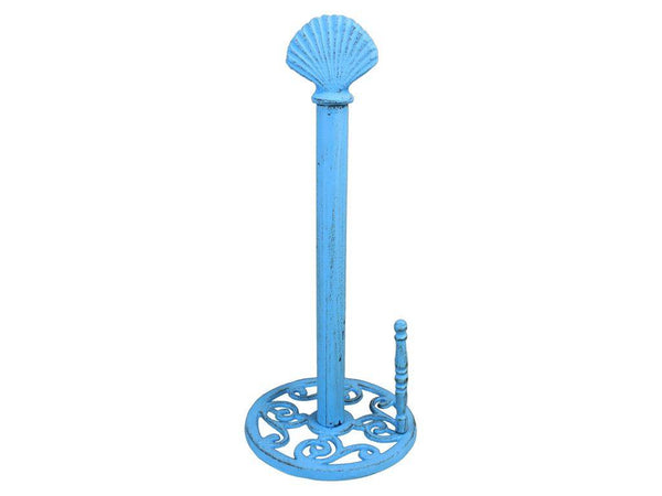 Rustic Light Blue Cast Iron Seashell Paper Towel Holder 16"