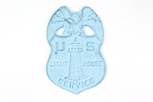 Rustic Dark Blue Whitewashed Cast Iron US Lighthouse Service Sign 9"