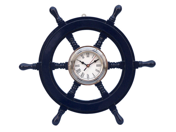 Deluxe Class Dark Blue Wood and Chrome Pirate Ship Wheel Clock 18"