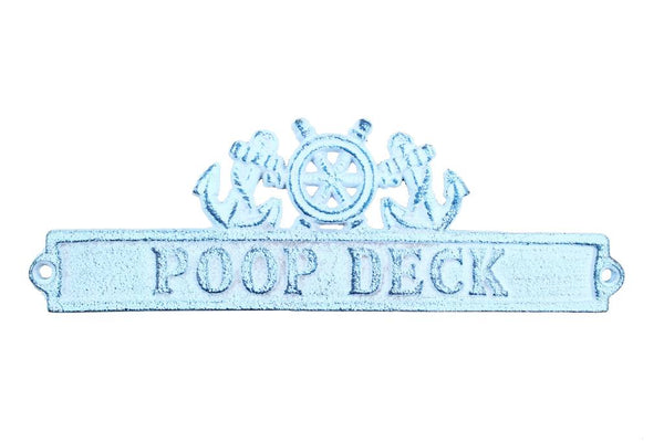 Dark Blue Whitewashed Cast Iron Poop Deck Sign with Ship Wheel and Anchors 9"