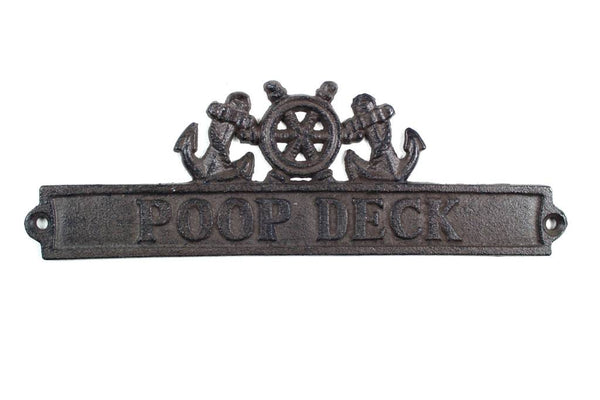 Cast Iron Poop Deck Sign with Ship Wheel and Anchors 9"