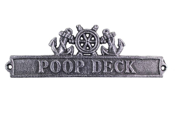 Antique Silver Cast Iron Poop Deck Sign with Ship Wheel and Anchors 9"