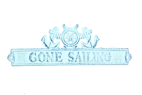 Dark Blue Whitewashed Cast Iron Gone Sailing Sign with Ship Wheel and Anchors 9"