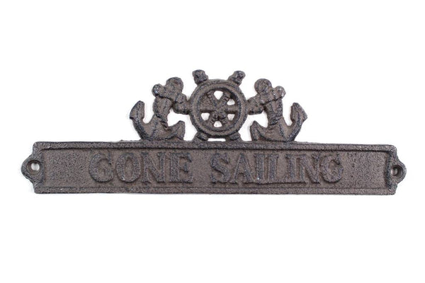 Cast Iron Gone Sailing Sign with Ship Wheel and Anchors 9"