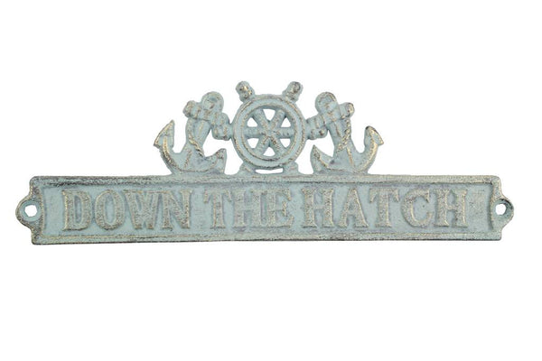 Antique Bronze Cast Iron Down the Hatch Sign with Ship Wheel and Anchors 9"