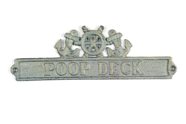 Antique Bronze Cast Iron Poop Deck Sign with Ship Wheel and Anchors 9"