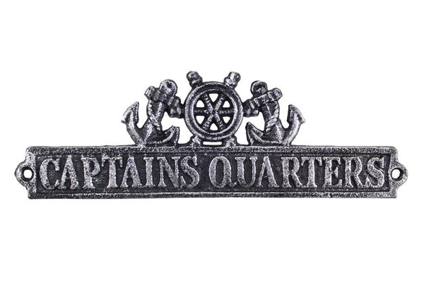 Antique Silver Cast Iron Captains Quarters Sign with Ship Wheel and Anchors 9"