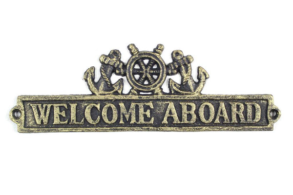 Antique Gold Cast Iron Welcome Aboard Sign with Ship Wheel and Anchors 9"