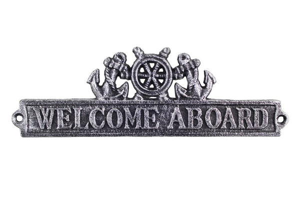 Antique Silver Cast Iron Welcome Aboard Sign with Ship Wheel and Anchors 9"