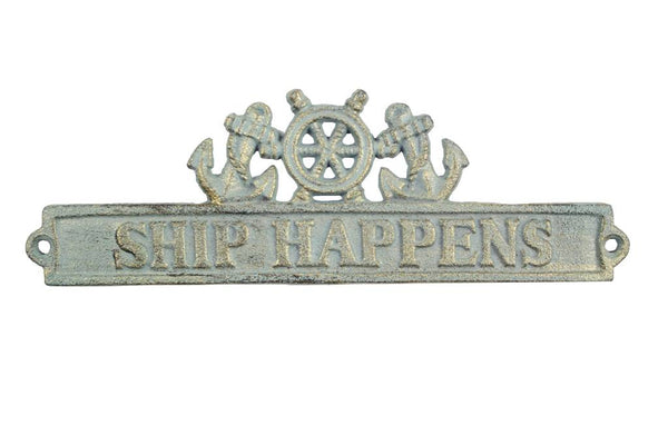 Antique Bronze Cast Iron Ship Happens Sign with Ship Wheel and Anchors 9"