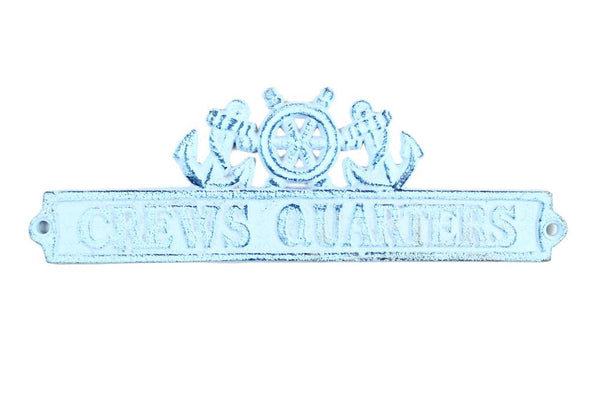 Dark Blue Whitewashed Cast Iron Crews Quarters Sign with Ship Wheel and Anchors 9"