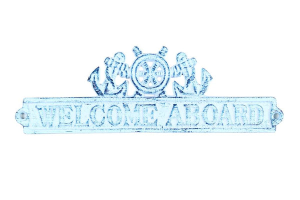 Dark Blue Whitewashed Cast Iron Welcome Aboard Sign with Ship Wheel and Anchors 9"