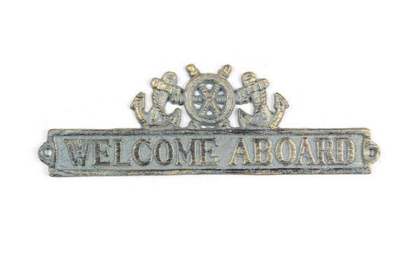 Antique Bronze Cast Iron Welcome Aboard Sign with Ship Wheel and Anchors 9"