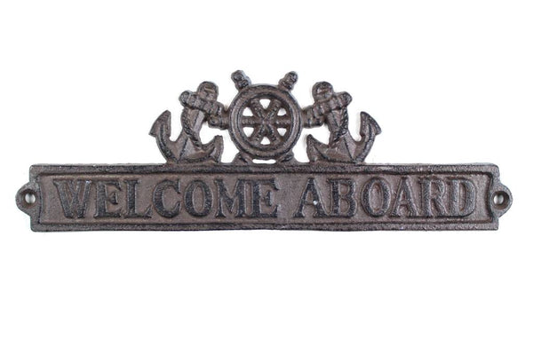 Cast Iron Welcome Aboard Sign with Ship Wheel and Anchors 9"