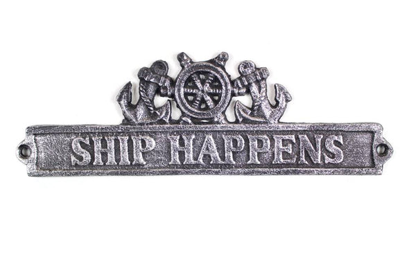 Antique Silver Cast Iron Ship Happens Sign with Ship Wheel and Anchors 9"