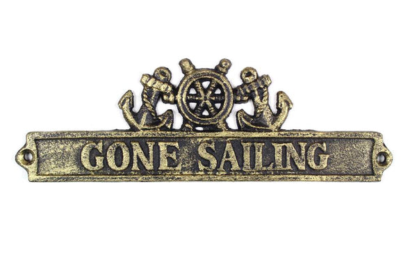 Antique Gold Cast Iron Gone Sailing Sign with Ship Wheel and Anchors 9"