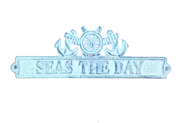 Dark Blue Whitewashed Cast Iron Seas the Day Sign with Ship Wheel and Anchors 9"