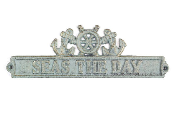 Antique Bronze Cast Iron Seas the Day Sign with Ship Wheel and Anchors 9"