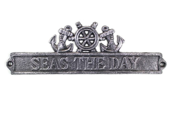 Antique Silver Cast Iron Seas the Day Sign with Ship Wheel and Anchors 9"