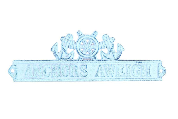 Dark Blue Whitewashed Cast Iron Anchors Aweigh Sign with Ship Wheel and Anchors 9"