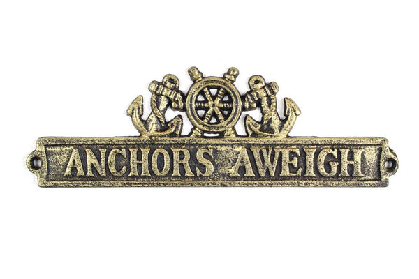 Antique Gold Cast Iron Anchors Aweigh Sign with Ship Wheel and Anchors 9"