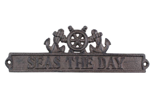 Cast Iron Seas the Day Sign with Ship Wheel and Anchors 9"
