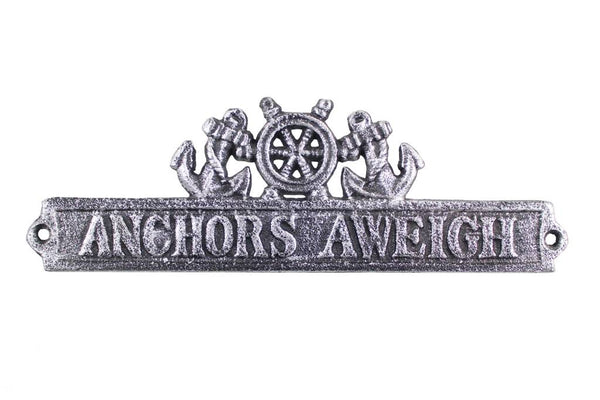 Antique Silver Cast Iron Anchors Aweigh Sign with Ship Wheel and Anchors 9"