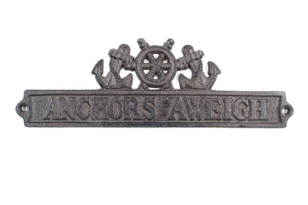 Cast Iron Anchors Aweigh Sign with Ship Wheel and Anchors 9"