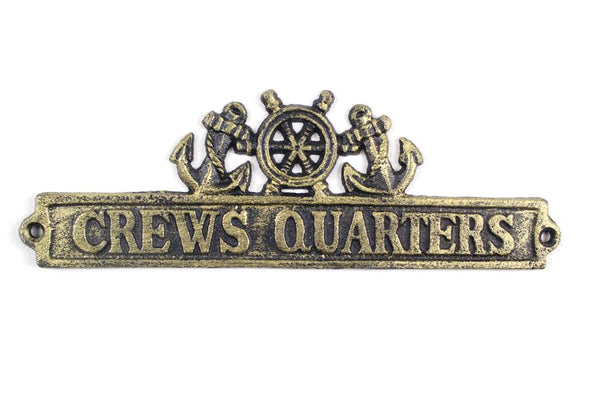 Antique Gold Cast Iron Crews Quarters Sign with Ship Wheel and Anchors 9"