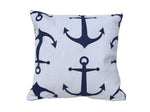 Decorative White Pillow with Blue Anchors Nautical Pillow 16"