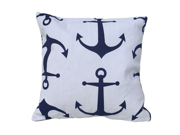 Decorative White Pillow with Blue Anchors Nautical Pillow 16"
