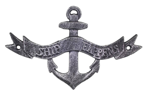 Antique Silver Cast Iron Ship Happens Anchor Sign 8"
