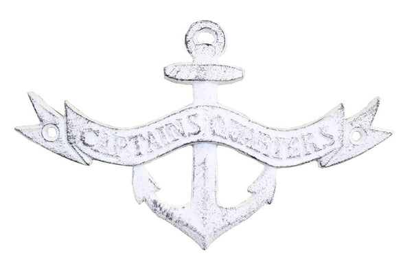 Whitewashed Cast Iron Anchor Captains Quarters Sign 8"